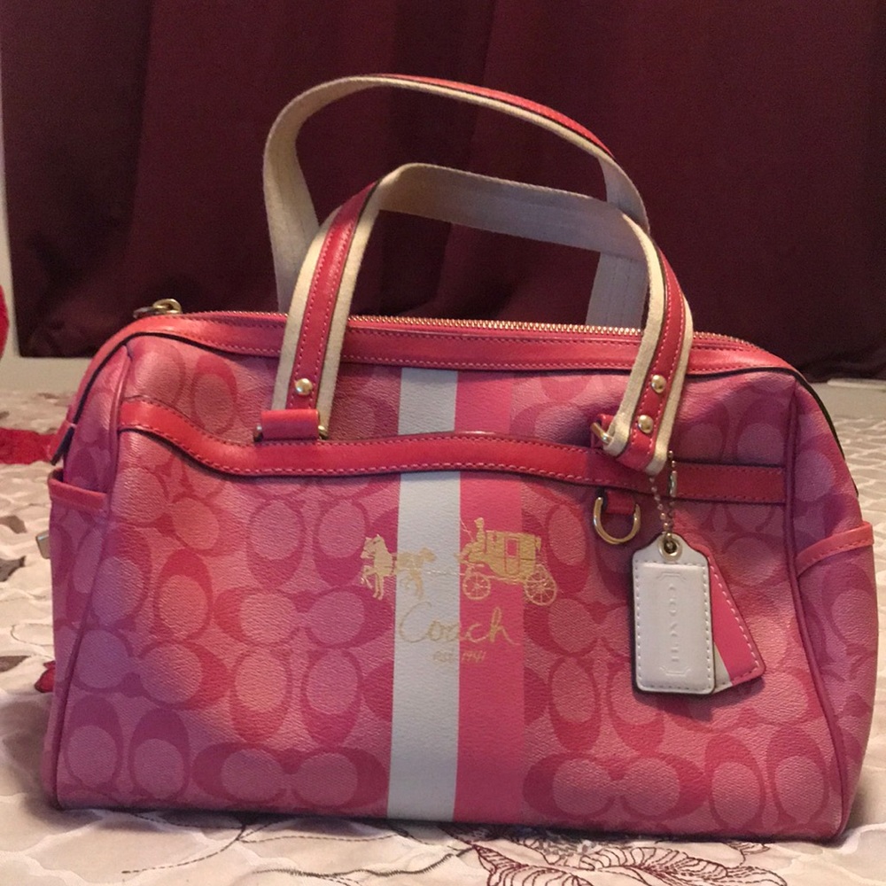 COACH HERITAGE STRIPE SATCHEL IN PINK